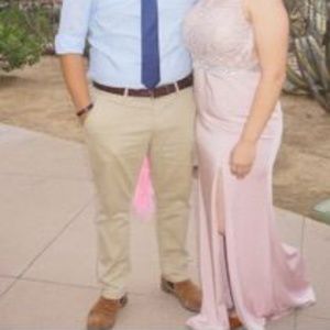 L pink dress with slit on the side.